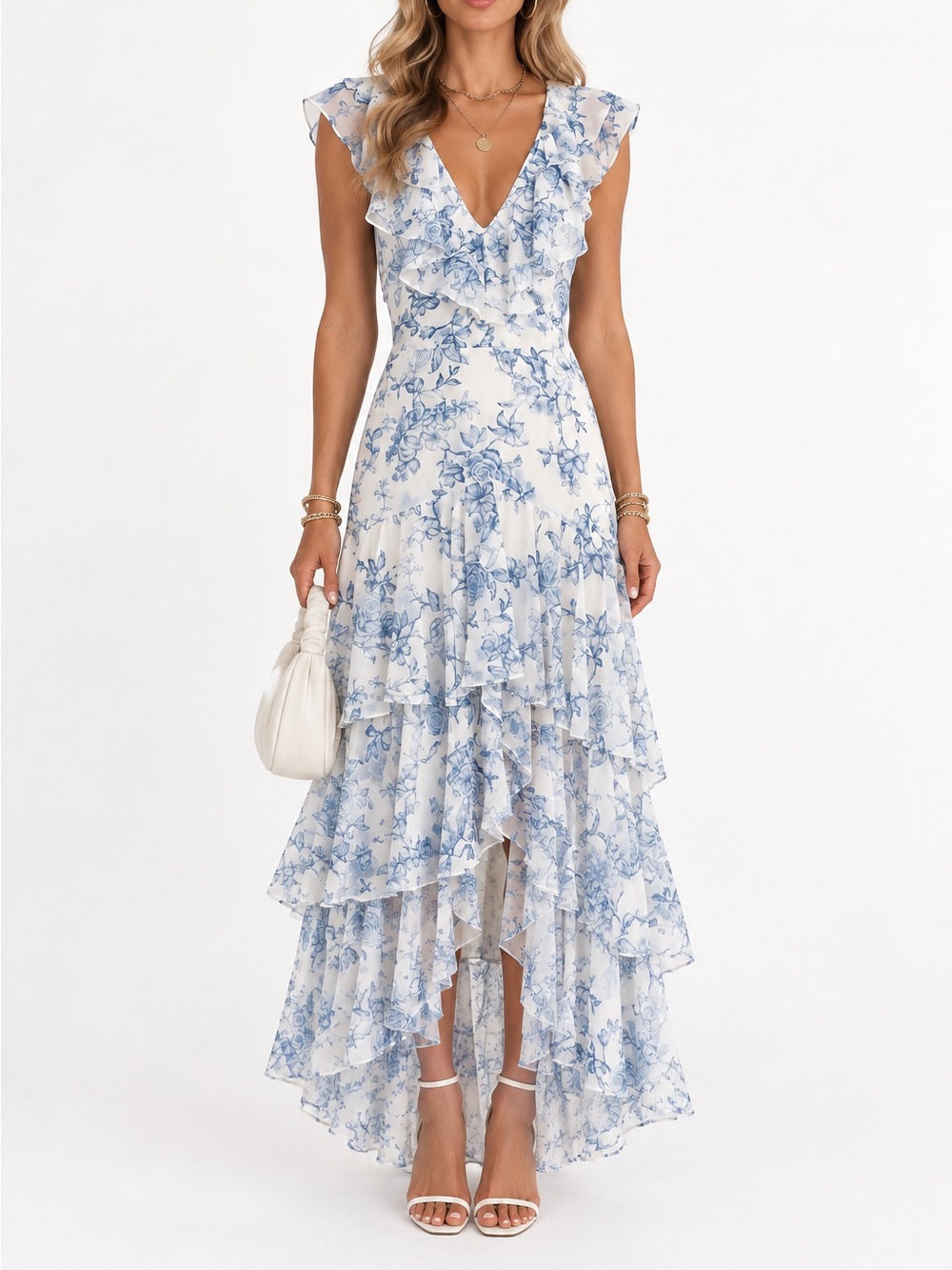 Wayf White and Light Blue Floral Ruffle High-Low Maxi Dress